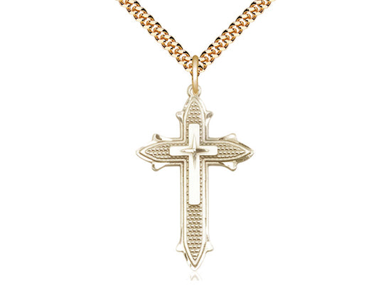 14kt Gold Filled Cross on Cross Pendant on a 24 inch Gold Plate Heavy Curb Chain - Unique Catholic Gifts