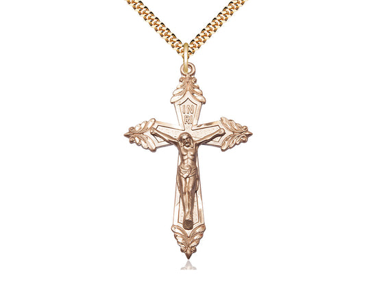 14kt Gold Filled Crucifix Pendant on a 24 inch Gold Plate Heavy Curb Chain - Unique Catholic Gifts