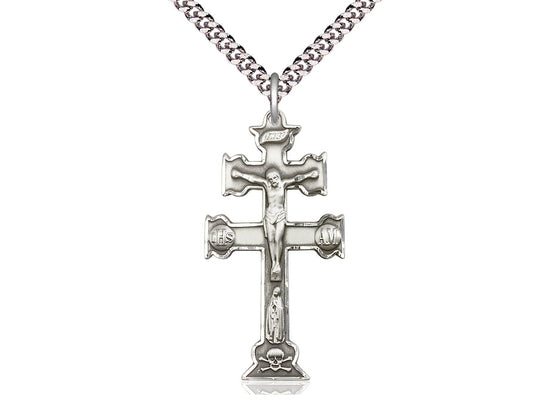 Sterling Silver Caravaca Crucifix Pendant on a 24 inch Light Rhodium Heavy Curb Chain - Unique Catholic Gifts