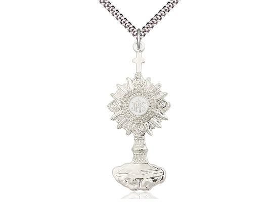 Sterling Silver Monstrance Pendant on a 24 inch Light Rhodium Heavy Curb Chain - Unique Catholic Gifts