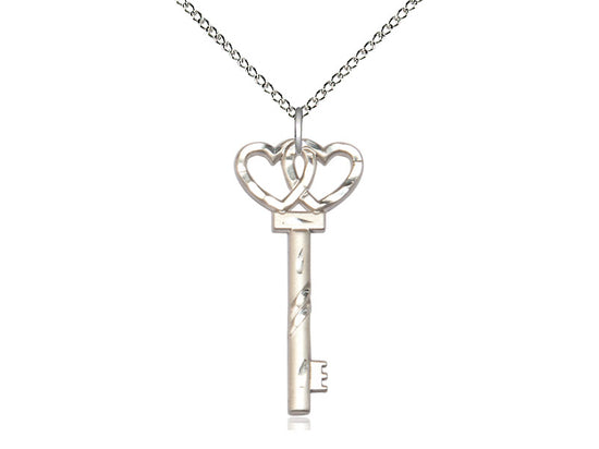 Sterling Silver Small Key w/Double Heart Pendant on a 18 inch Sterling Silver Light Curb Chain - Unique Catholic Gifts