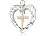 2-Tone Sterling Silver Heart / Cross Pendant on a 18 inch Sterling Silver Light Curb Chain. - Unique Catholic Gifts