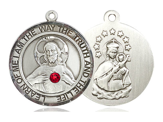 Sterling Silver Scapular Pendant with a 3mm Ruby Swarovski stone on a 24 inch Light Rhodium Heavy Curb Chain - Unique Catholic Gifts