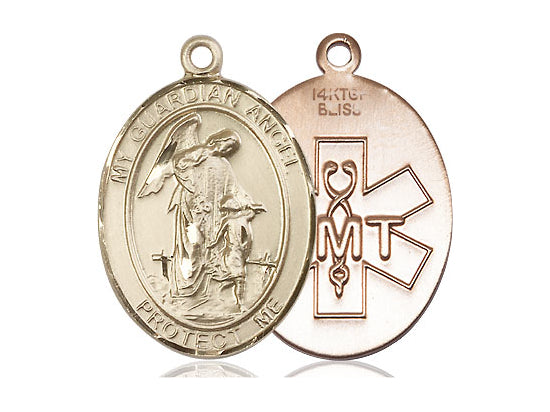 14kt Gold Filled Guardian Angel EMT Pendant on a 24 inch Gold Plate Heavy Curb Chain - Unique Catholic Gifts