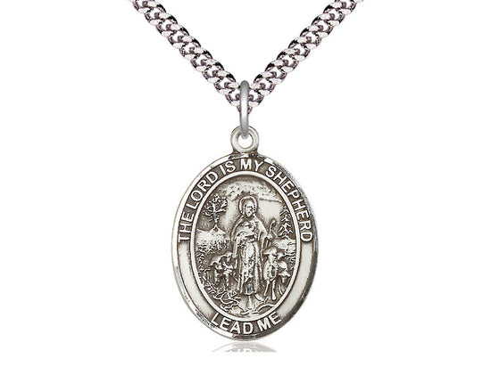 Sterling Silver Lord Is My Shepherd Pendant on a 24 inch Light Rhodium Heavy Curb Chain - Unique Catholic Gifts