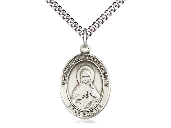 Sterling Silver Immaculate Heart of Mary Pendant on a 24 inch Light Rhodium Heavy Curb Chain - Unique Catholic Gifts