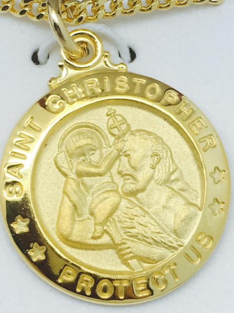 Gold over Sterling Silver St Christopher Medal. (3/4") on 20" Gold plated Chain. - Unique Catholic Gifts