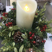 Christmas Mistletoe Table Centerpiece with LED Ivory Candle (24" Spray) - Unique Catholic Gifts