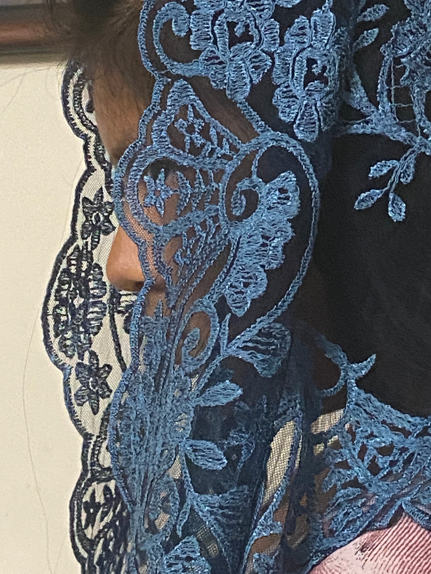 Dark Blue Brilliant Lace Mantilla Chapel Spanish Veil 51" - Unique Catholic Gifts