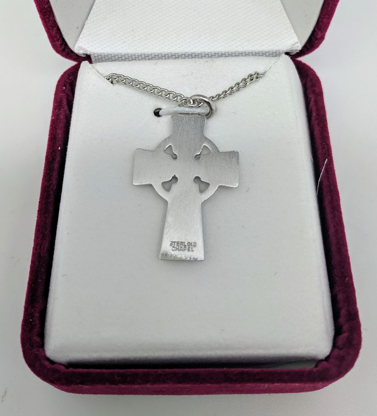 Sterling Silver with Green Celtic Crucifix (7/8") on 18" Rhodium Chain - Unique Catholic Gifts