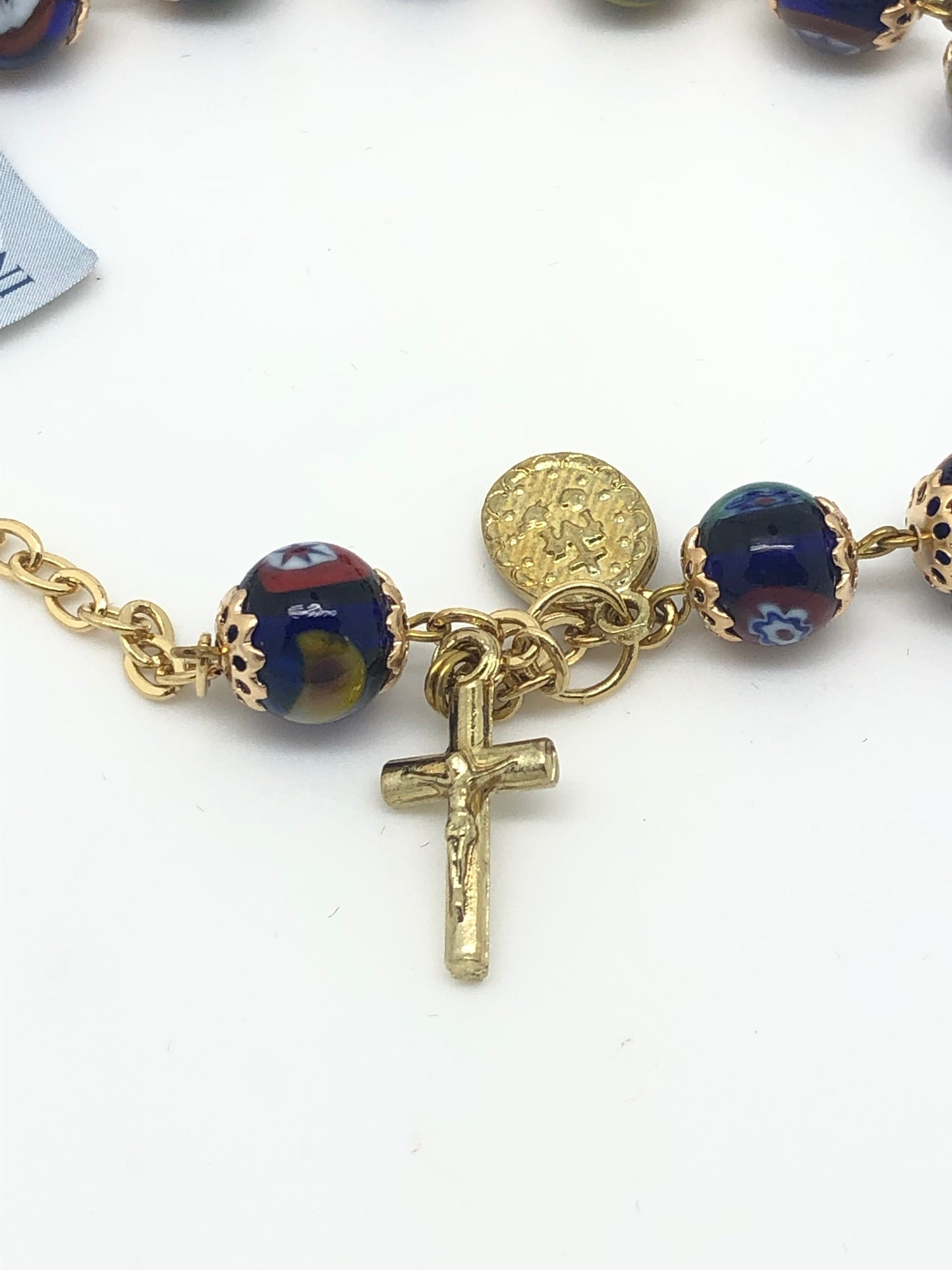 Mosaic Murano Glass Rosary on Gold Chain Bracelet (8MM) - Unique Catholic Gifts