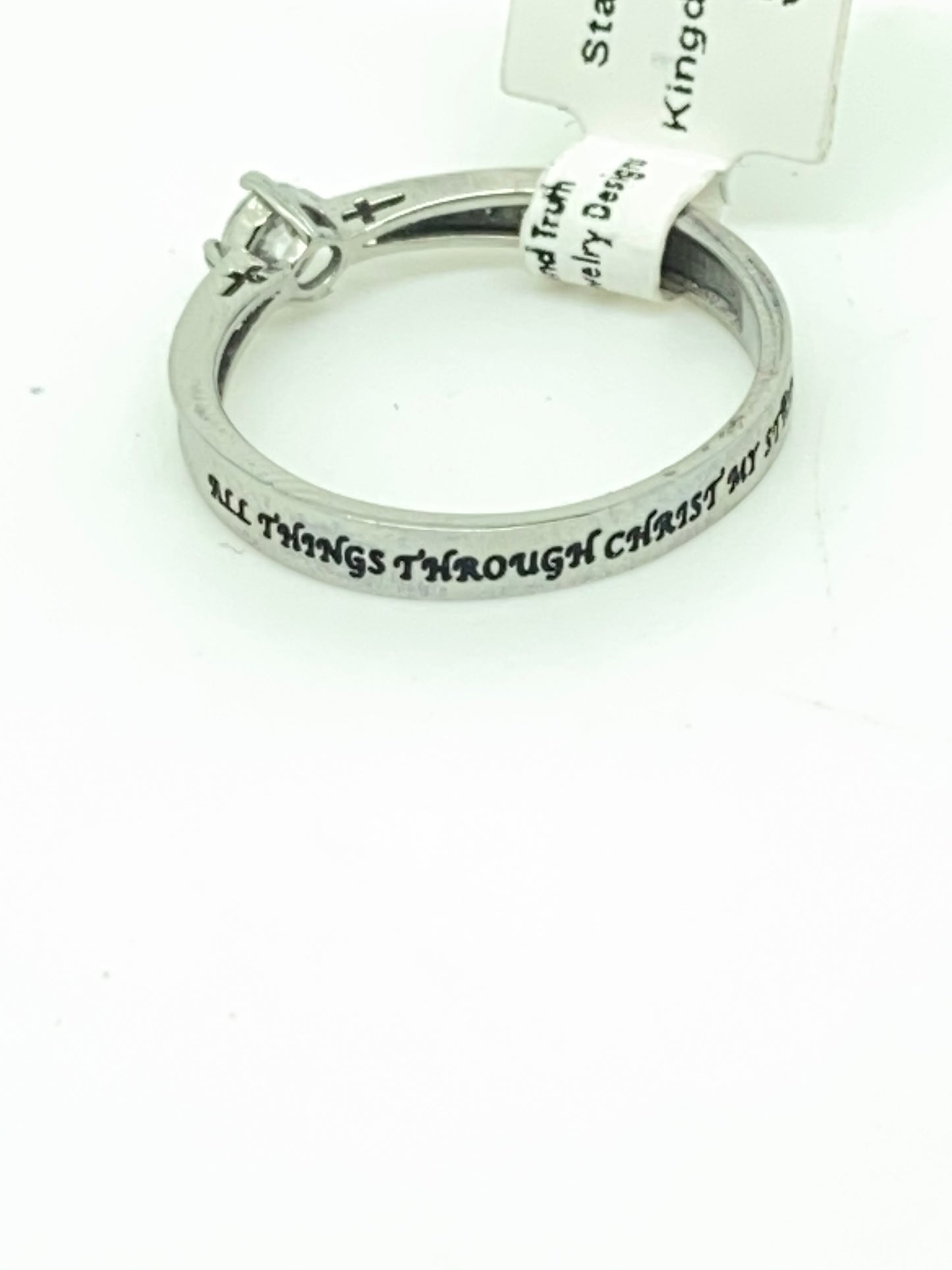 Lady's Cubic Zirconia Ring "All Through Christ my Strength" - Unique Catholic Gifts