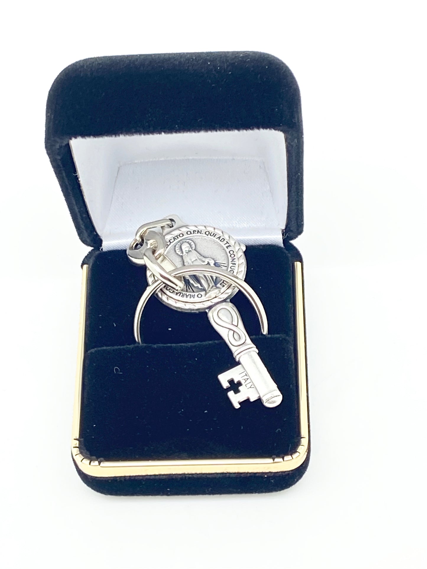 Silver Key Shaped Lady of Grace Keychain - Unique Catholic Gifts