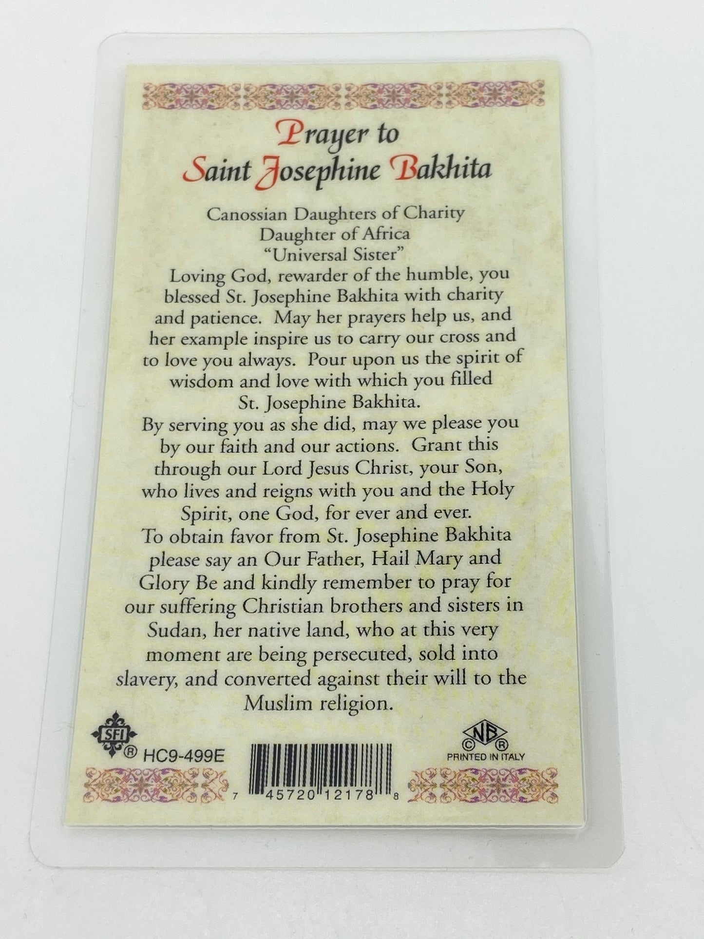 St. Josephine Bakhita Laminated Holy Card (Plastic Covered) - Unique Catholic Gifts