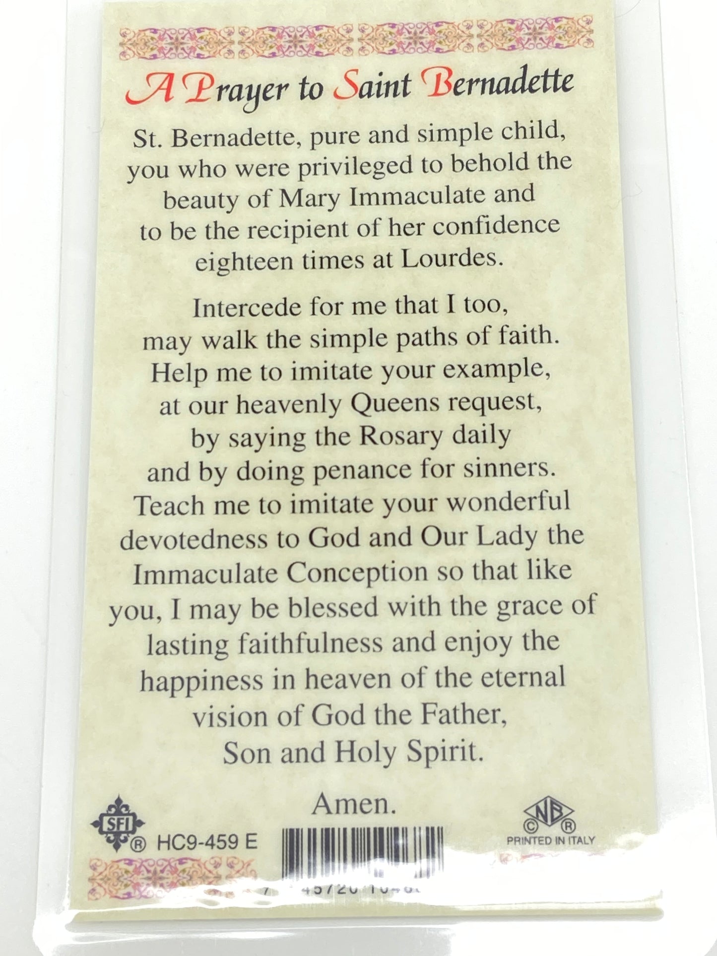 St. Bernadette Laminated Holy Card (Plastic Covered) - Unique Catholic Gifts