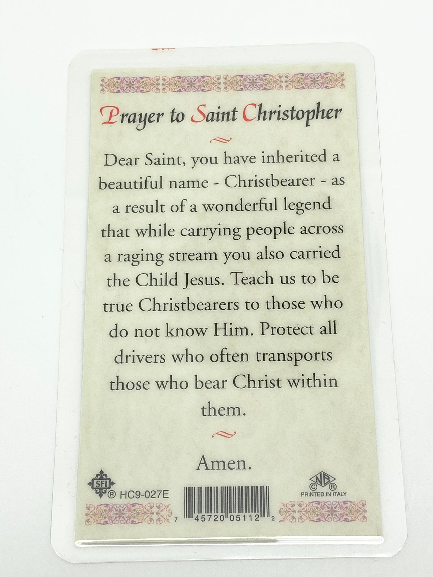 St. Christopher Laminated Holy Card (Plastic Covered) - Unique Catholic Gifts
