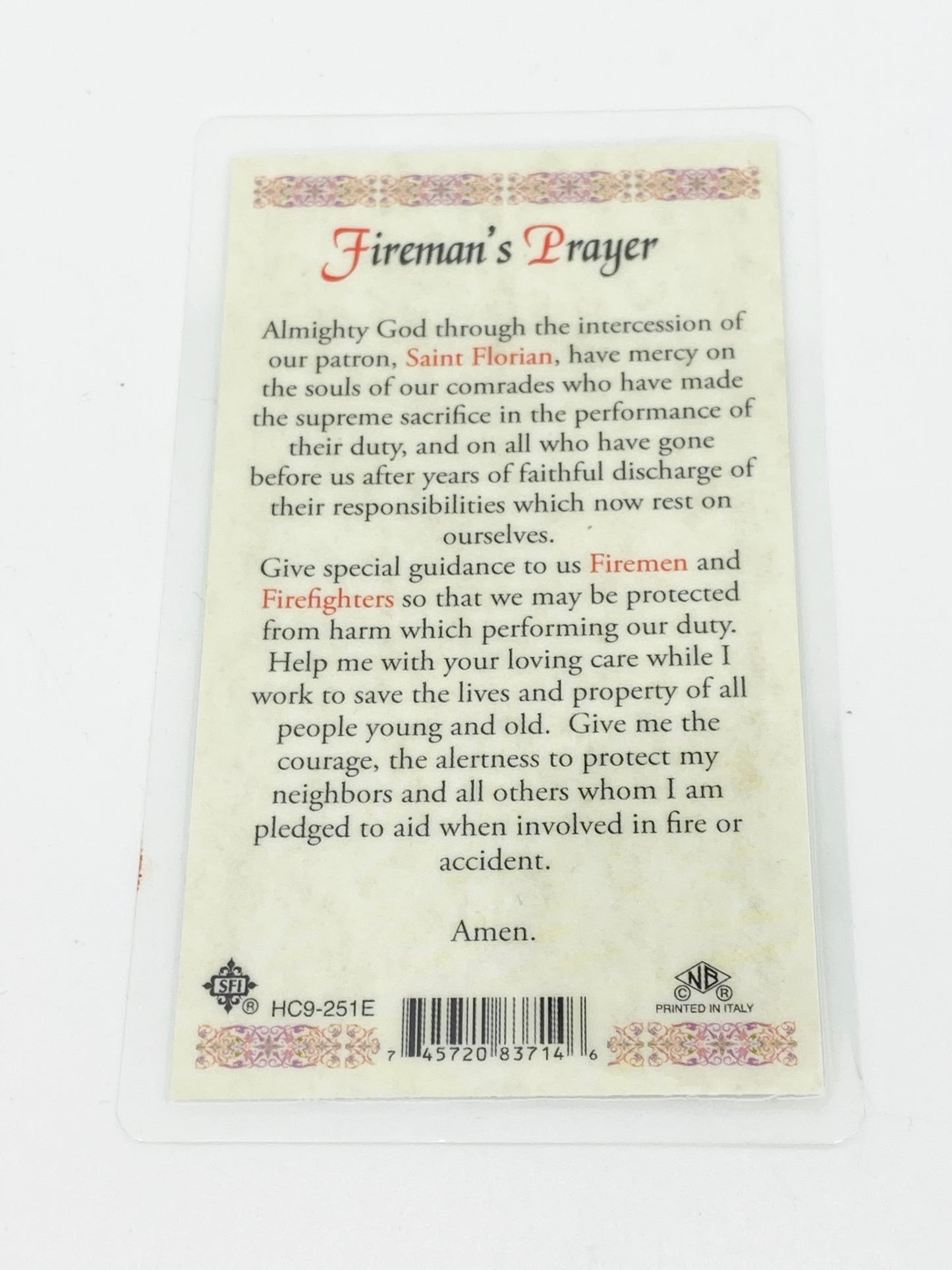 St. Florian Fireman's Prayer Laminated Holy Card (Plastic Covered) - Unique Catholic Gifts