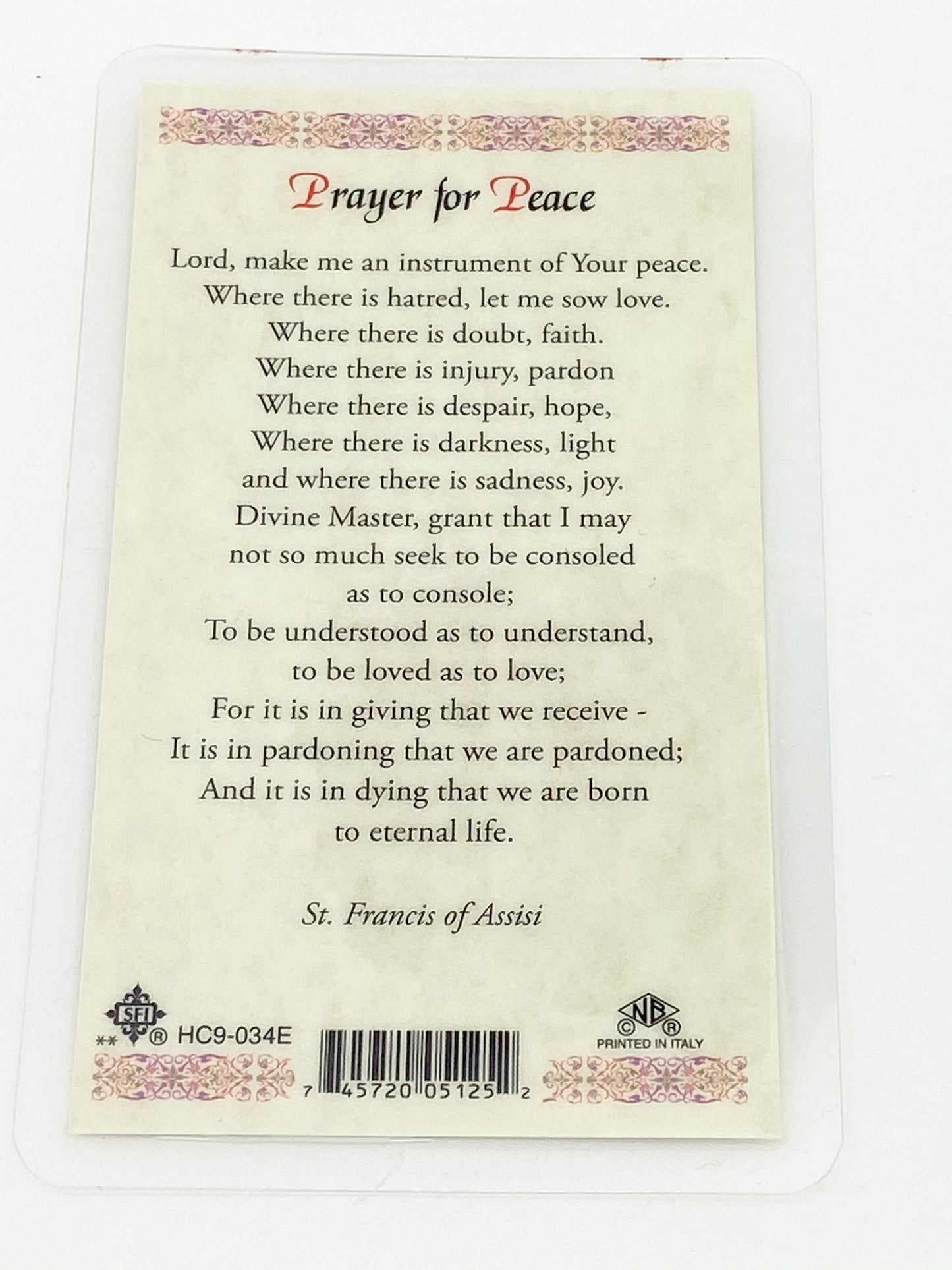 St Francis Prayer for Peace Laminated Holy Card (Plastic Covered) - Unique Catholic Gifts