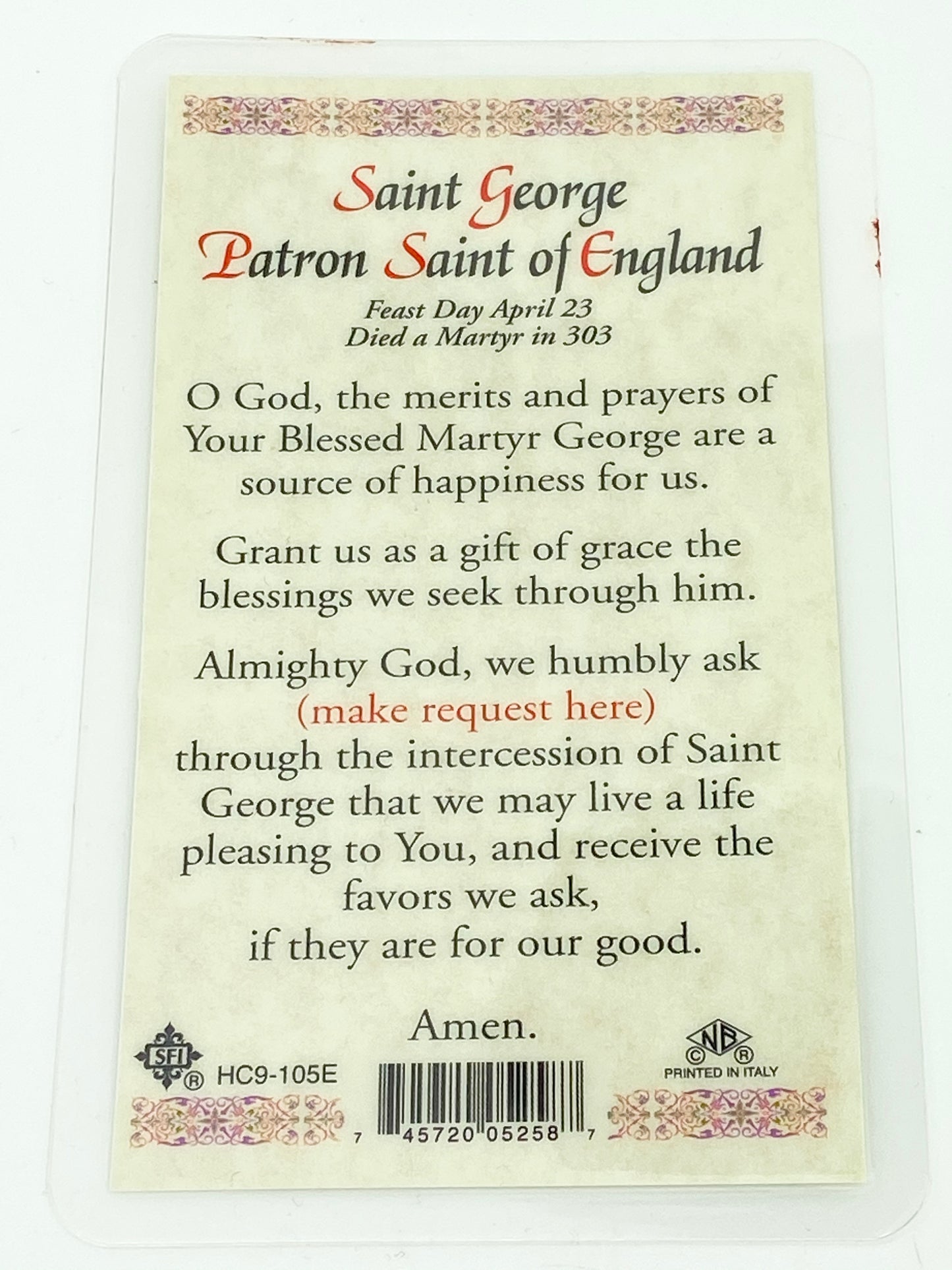 St. George Laminated Holy Card (Plastic Covered) - Unique Catholic Gifts