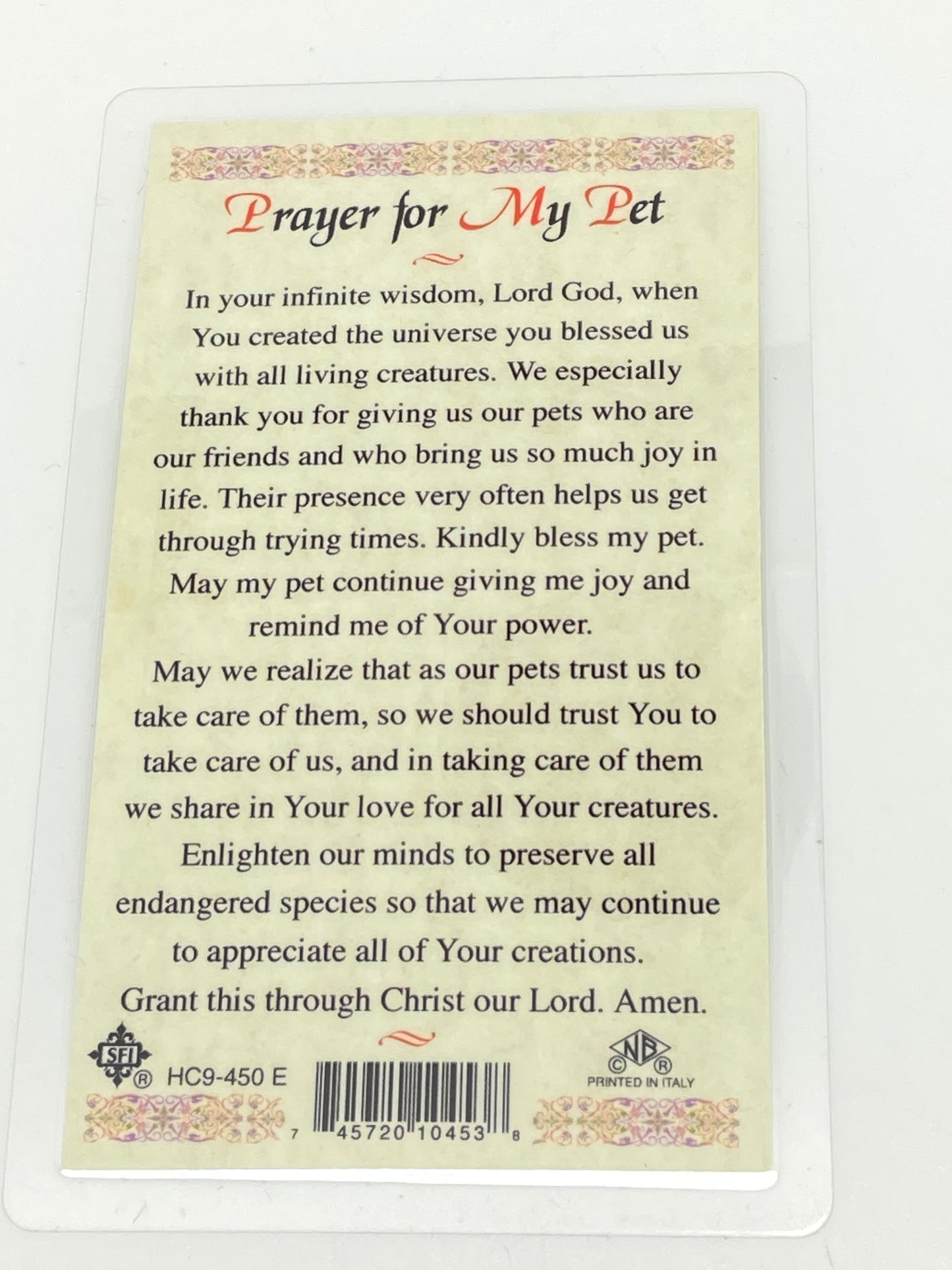 St Francis Prayer for Pets Laminated Holy Card (Plastic Covered) - Unique Catholic Gifts