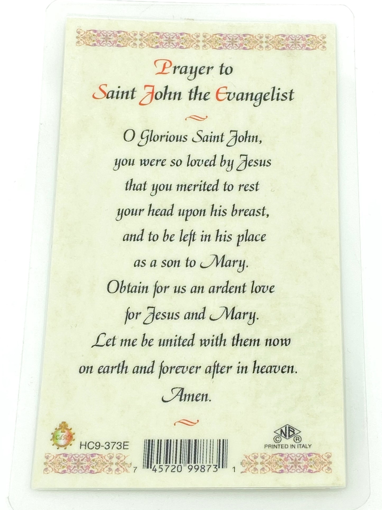 St. John the Evangelist (Apostle) Laminated Holy Card (Plastic Covered) - Unique Catholic Gifts