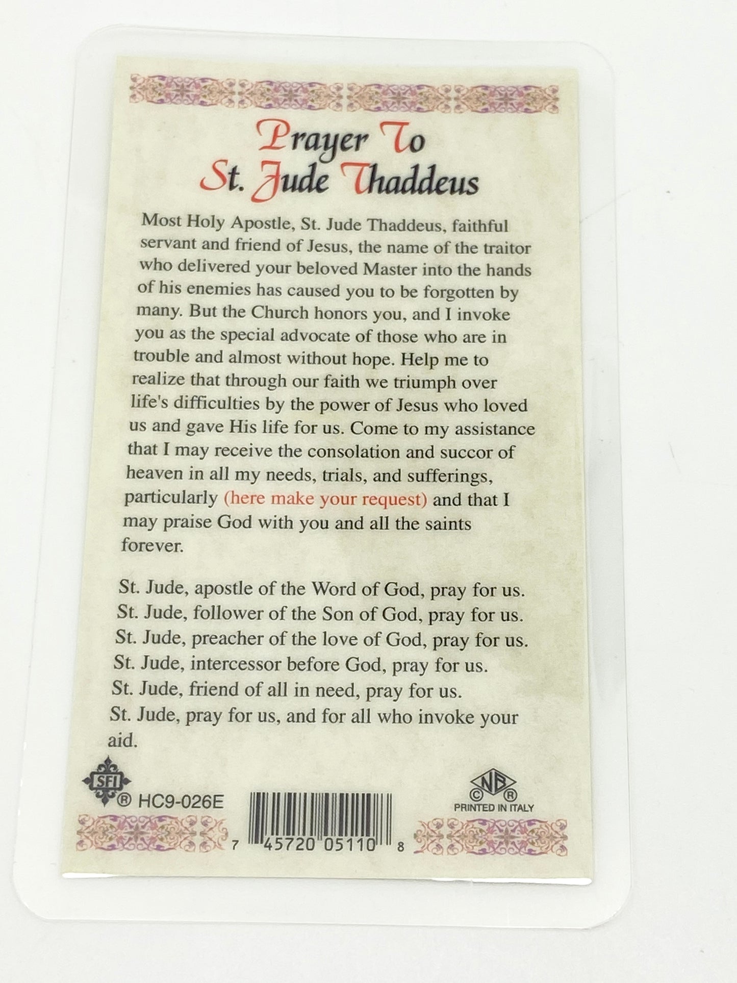 St. Jude Laminated Holy Card (Plastic Covered) - Unique Catholic Gifts