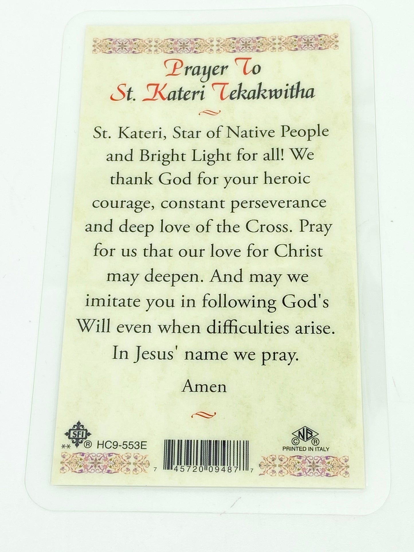 St. Kateri Tekakwitha Laminated Holy Card (Plastic Covered) - Unique Catholic Gifts