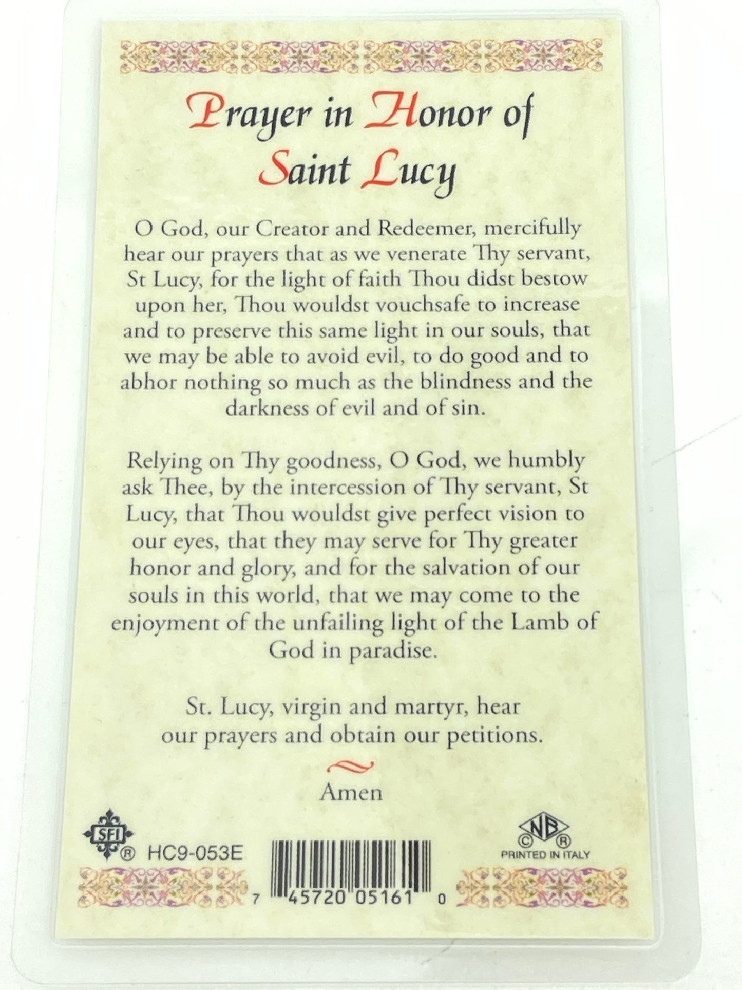 St. Lucy Laminated Holy Card (Plastic Covered) - Unique Catholic Gifts