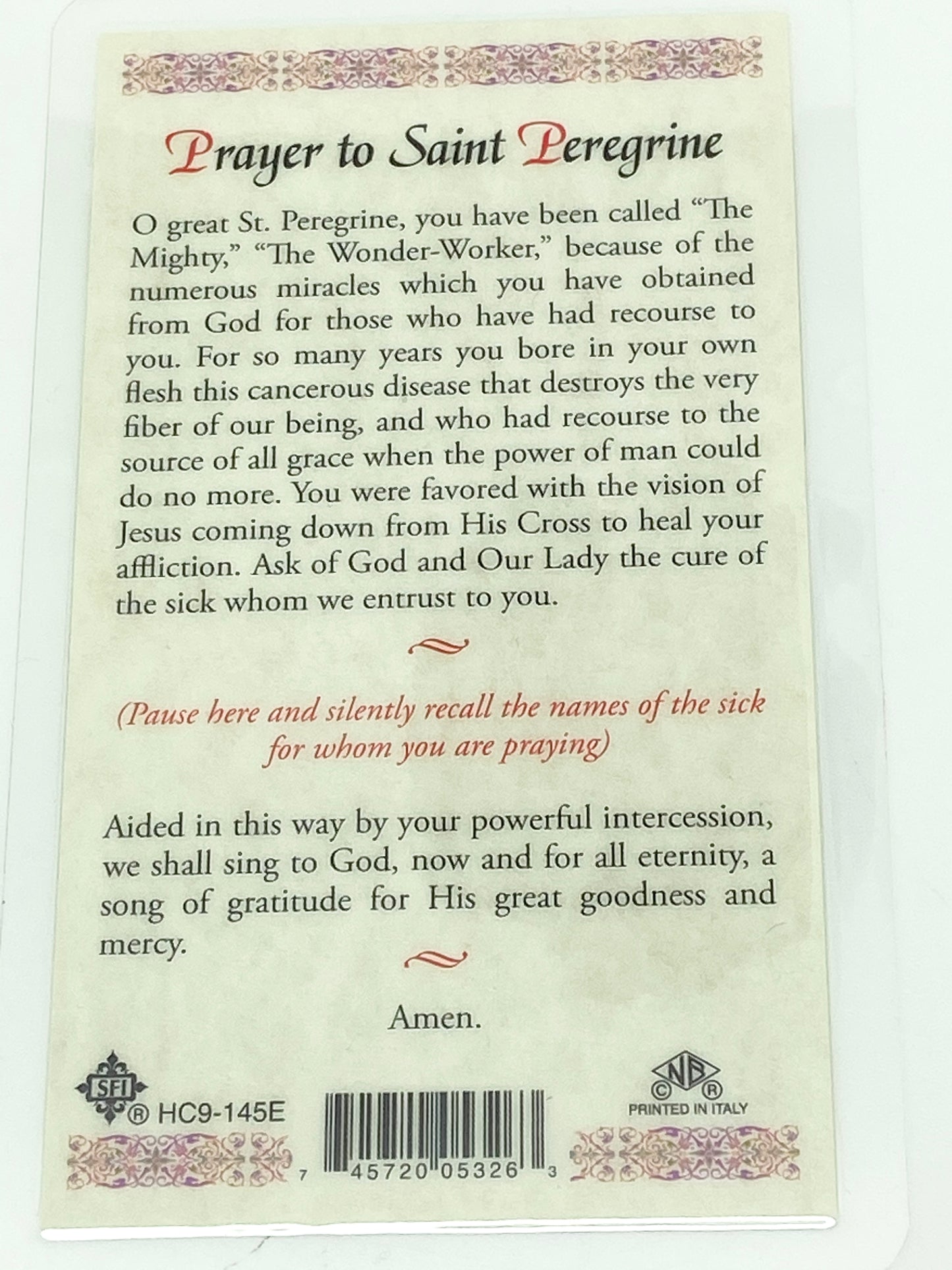 St. Peregrine Laminated Holy Card - Unique Catholic Gifts