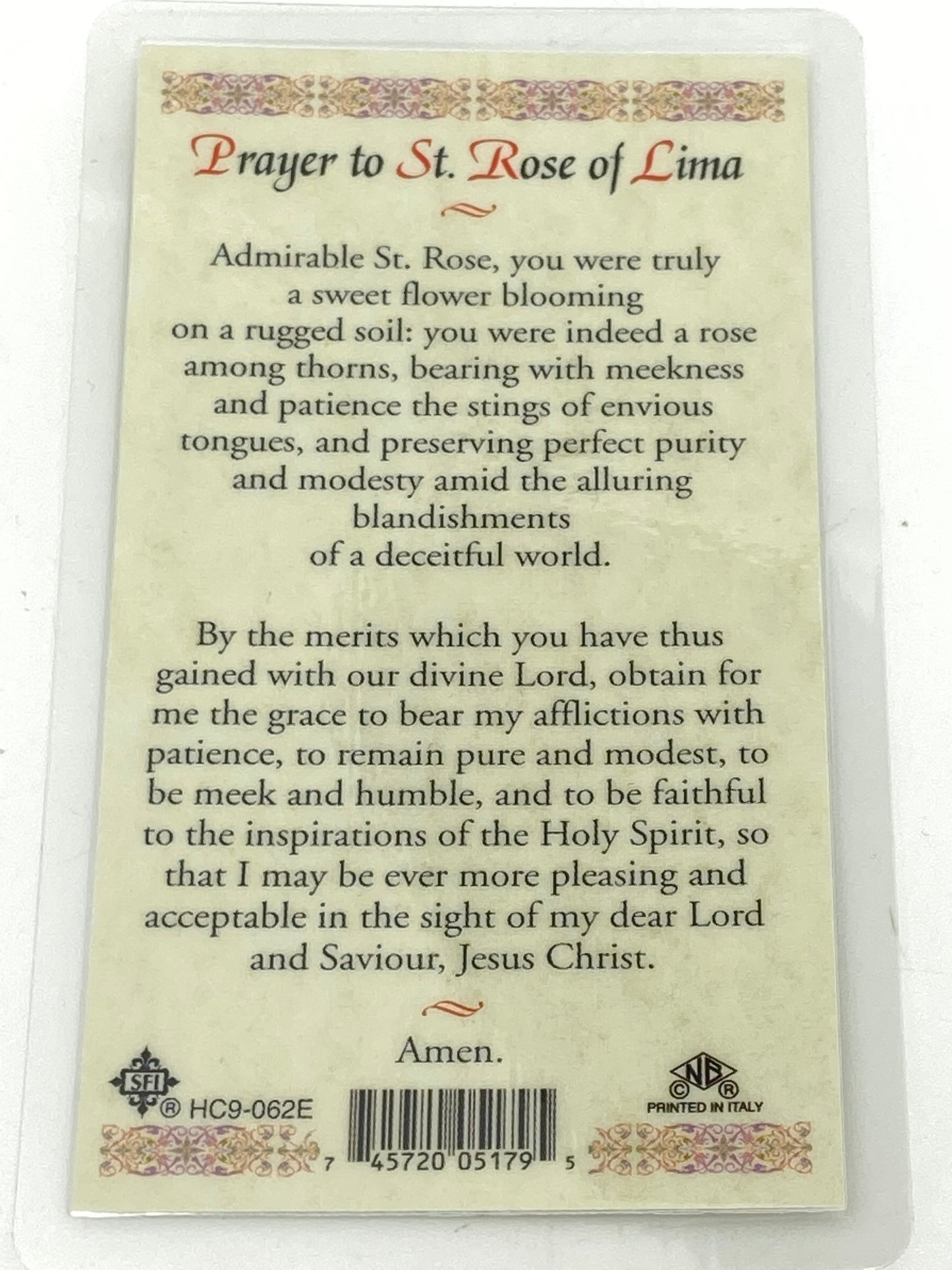 St. Rose of Lima Laminated Holy Card - Unique Catholic Gifts