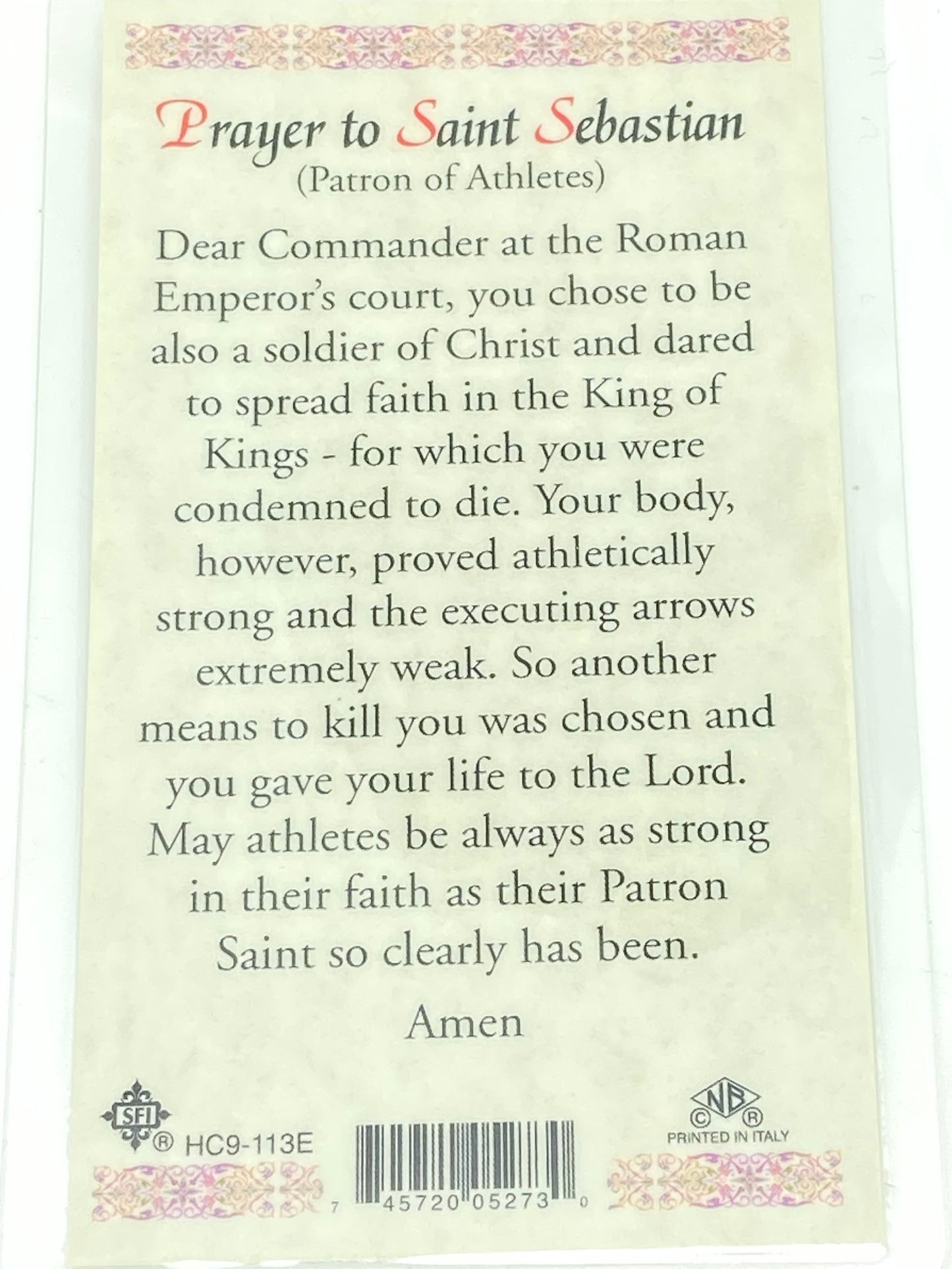 St. Sebastian Laminated Holy Card - Unique Catholic Gifts