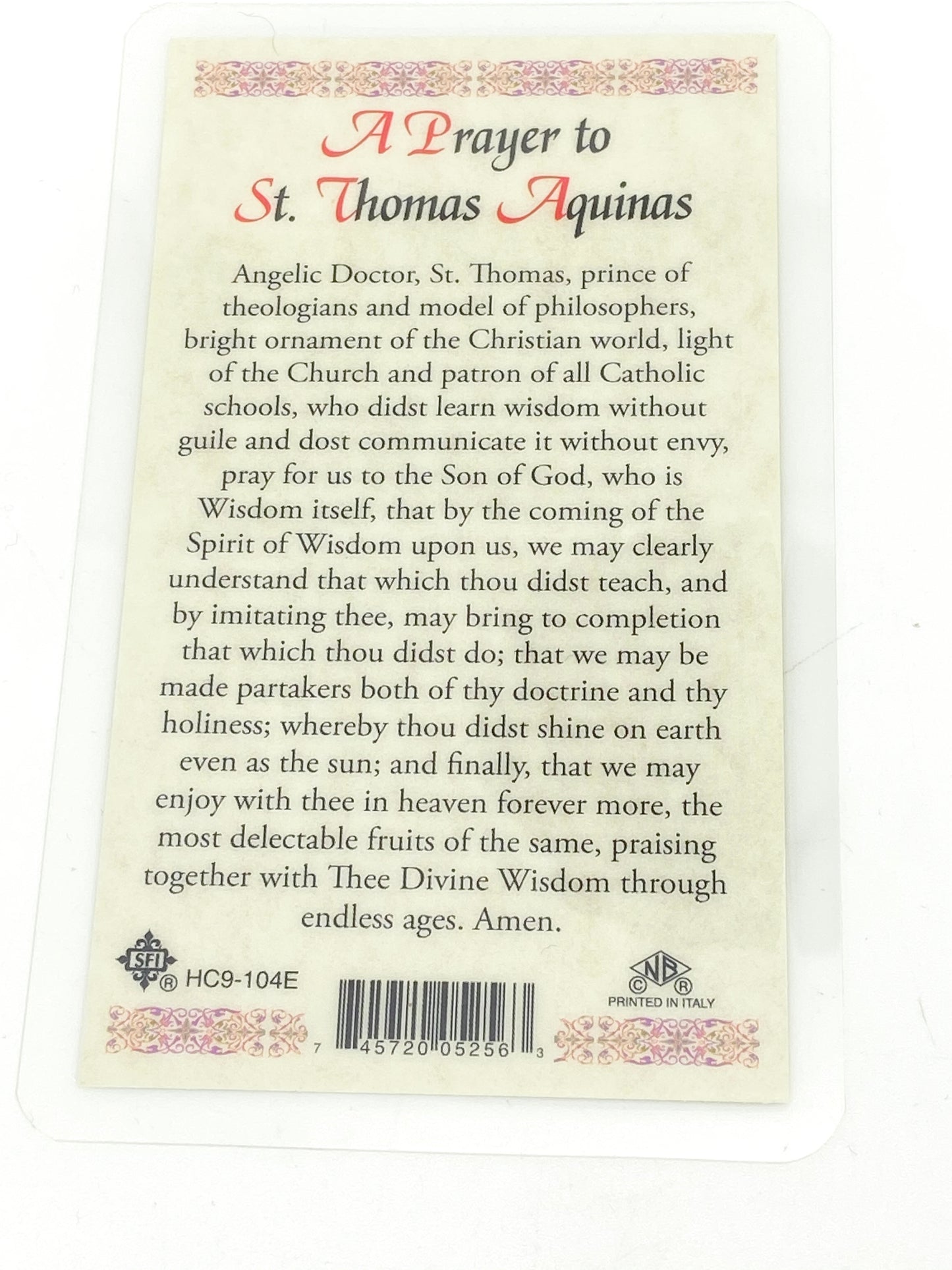 St. Thomas Aquinas Laminated Holy Card (Plastic Covered) - Unique Catholic Gifts