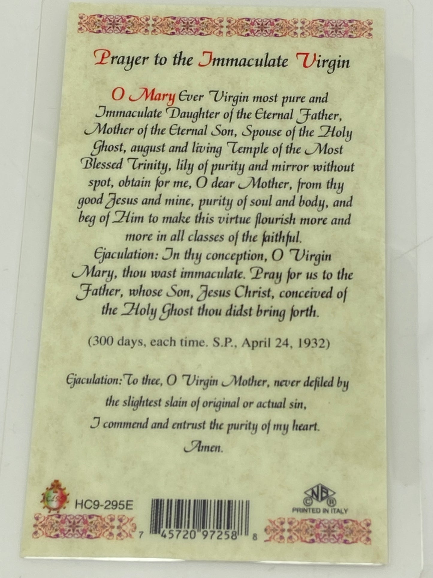 Immaculate Heart Laminated Holy Card (Plastic Covered) - Unique Catholic Gifts