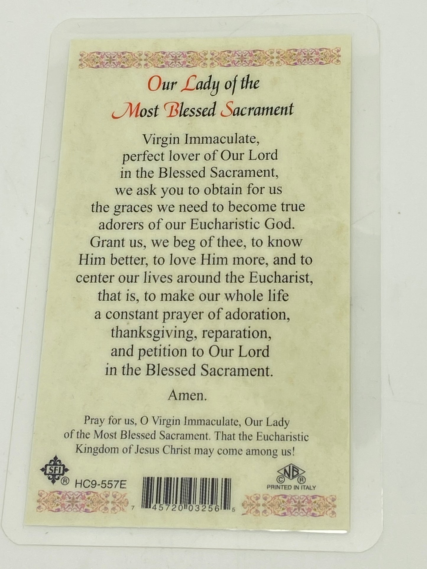 Our Lady of the Most Blessed Sacrament Laminated Holy Card (Plastic Covered) - Unique Catholic Gifts