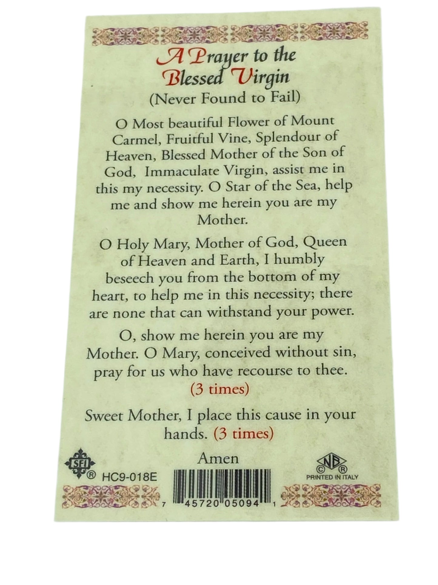 Our Lady of Mt. Carmel Laminated Holy Card (Plastic Covered) - Unique Catholic Gifts
