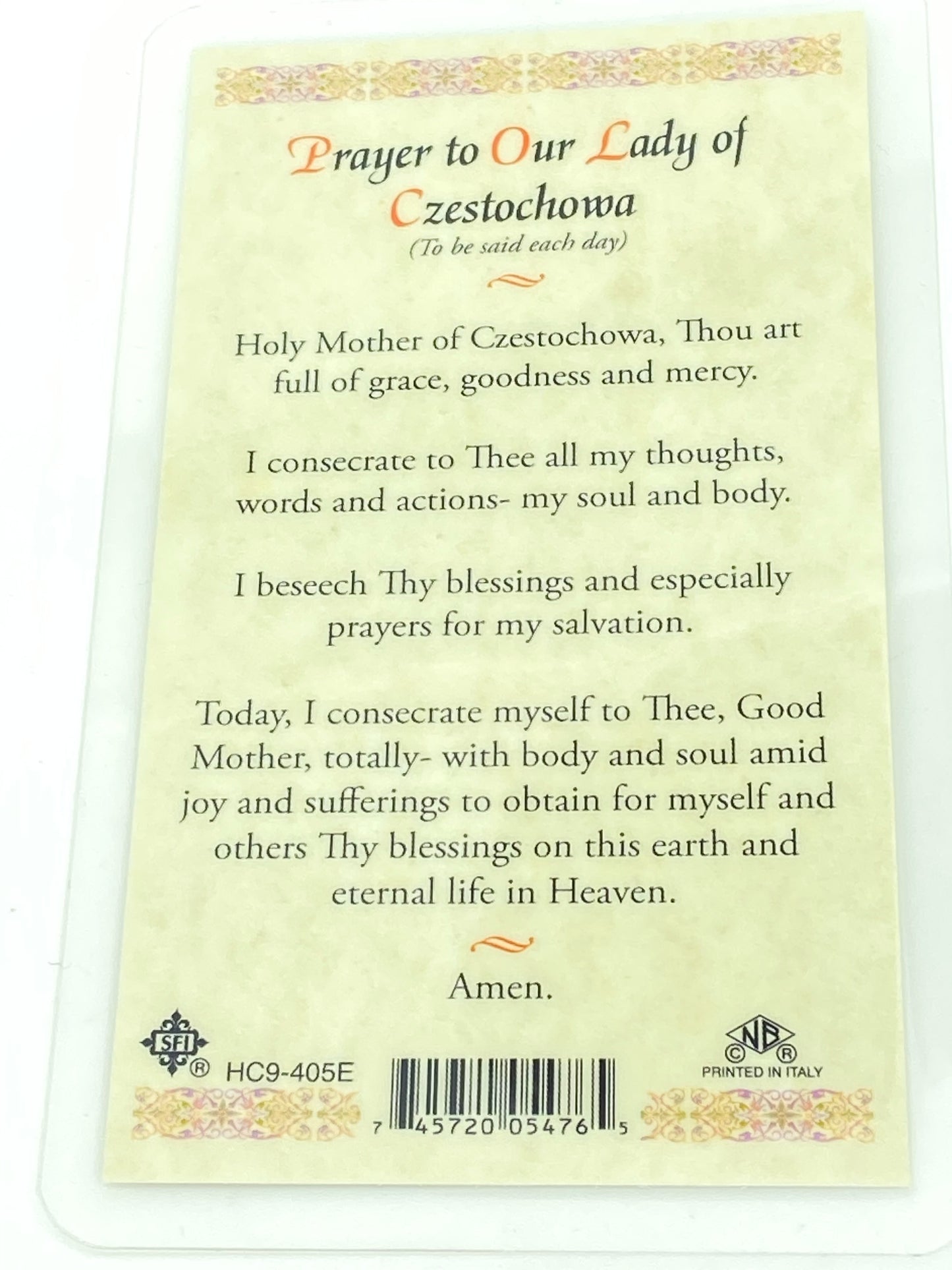 Our Lady of Czestochowa Laminated Holy Card (Plastic Covered) - Unique Catholic Gifts