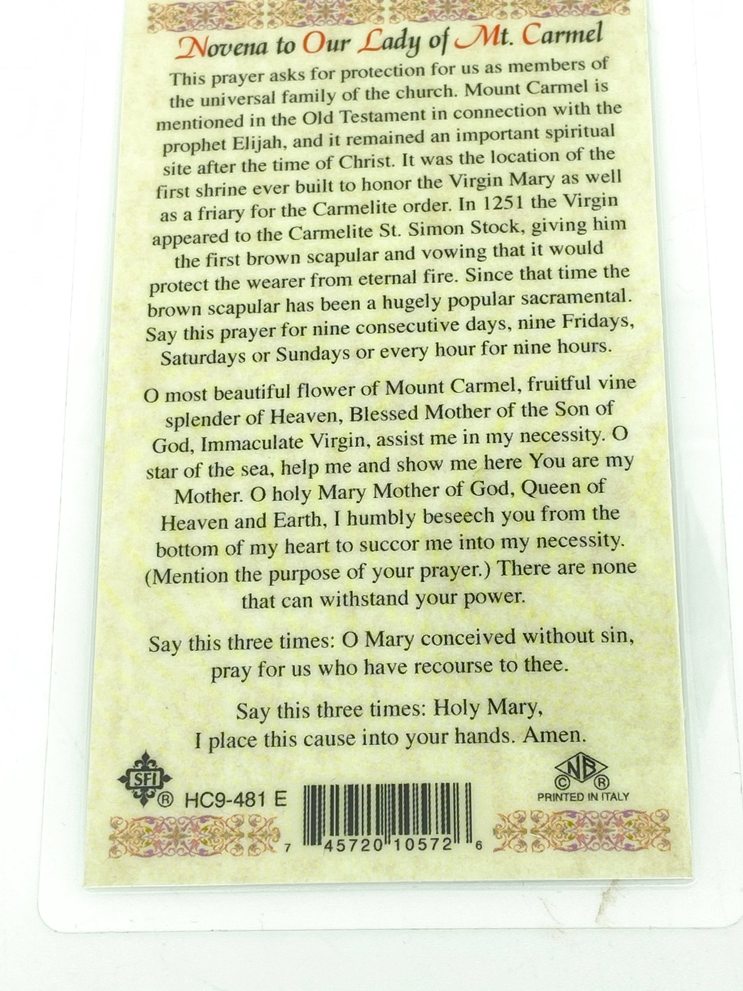 Novena to Our Lady of Mt. Carmel Laminated Holy Card (Plastic Covered) - Unique Catholic Gifts