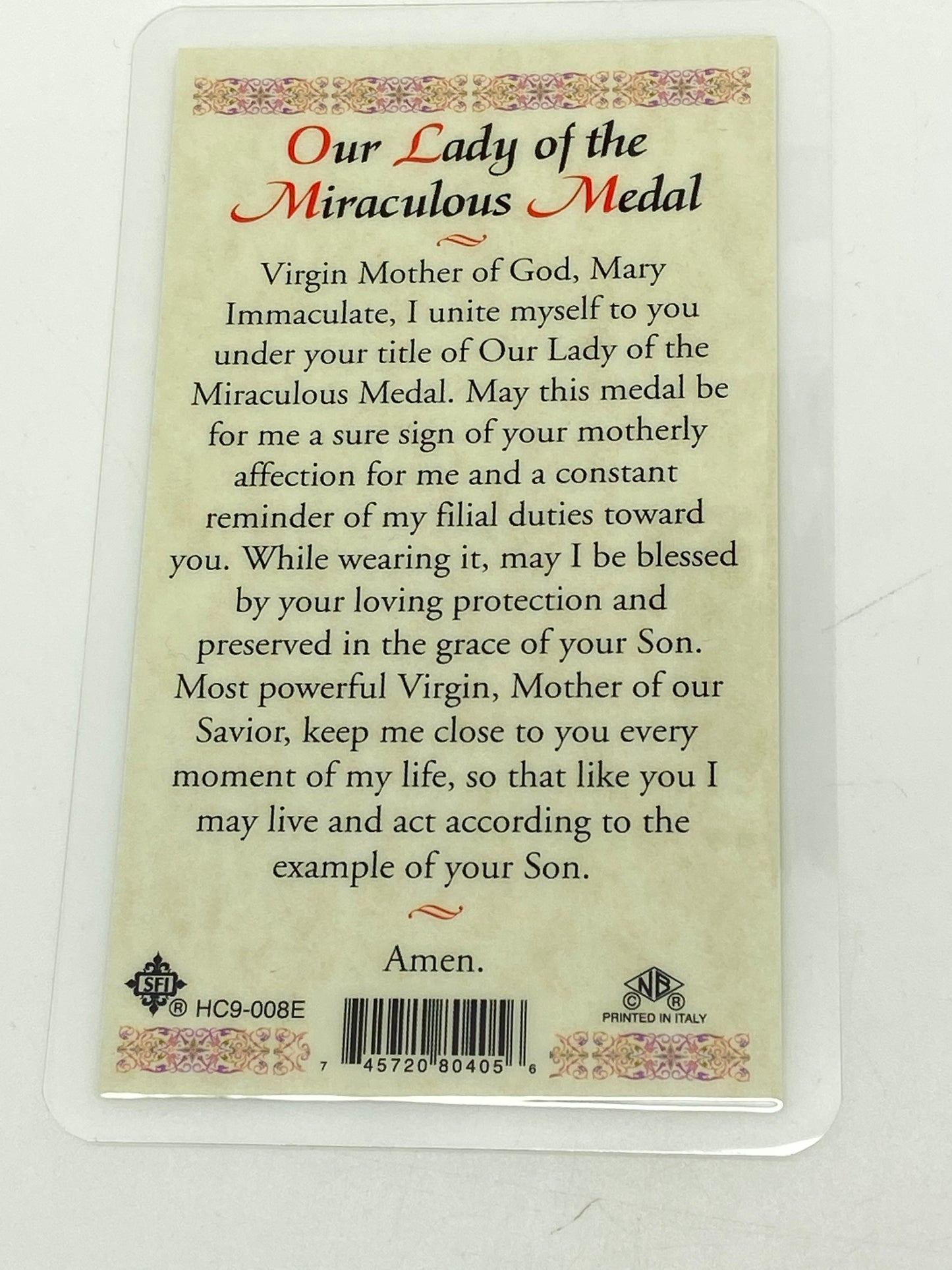 Our Lady of the Miraculous Medal Laminated Holy Card (Plastic Covered) - Unique Catholic Gifts