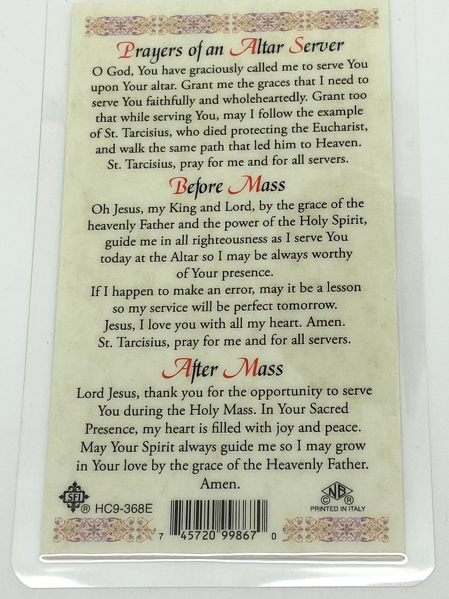 Prayers of the Alter Server Laminated Holy Card (Plastic Covered) - Unique Catholic Gifts