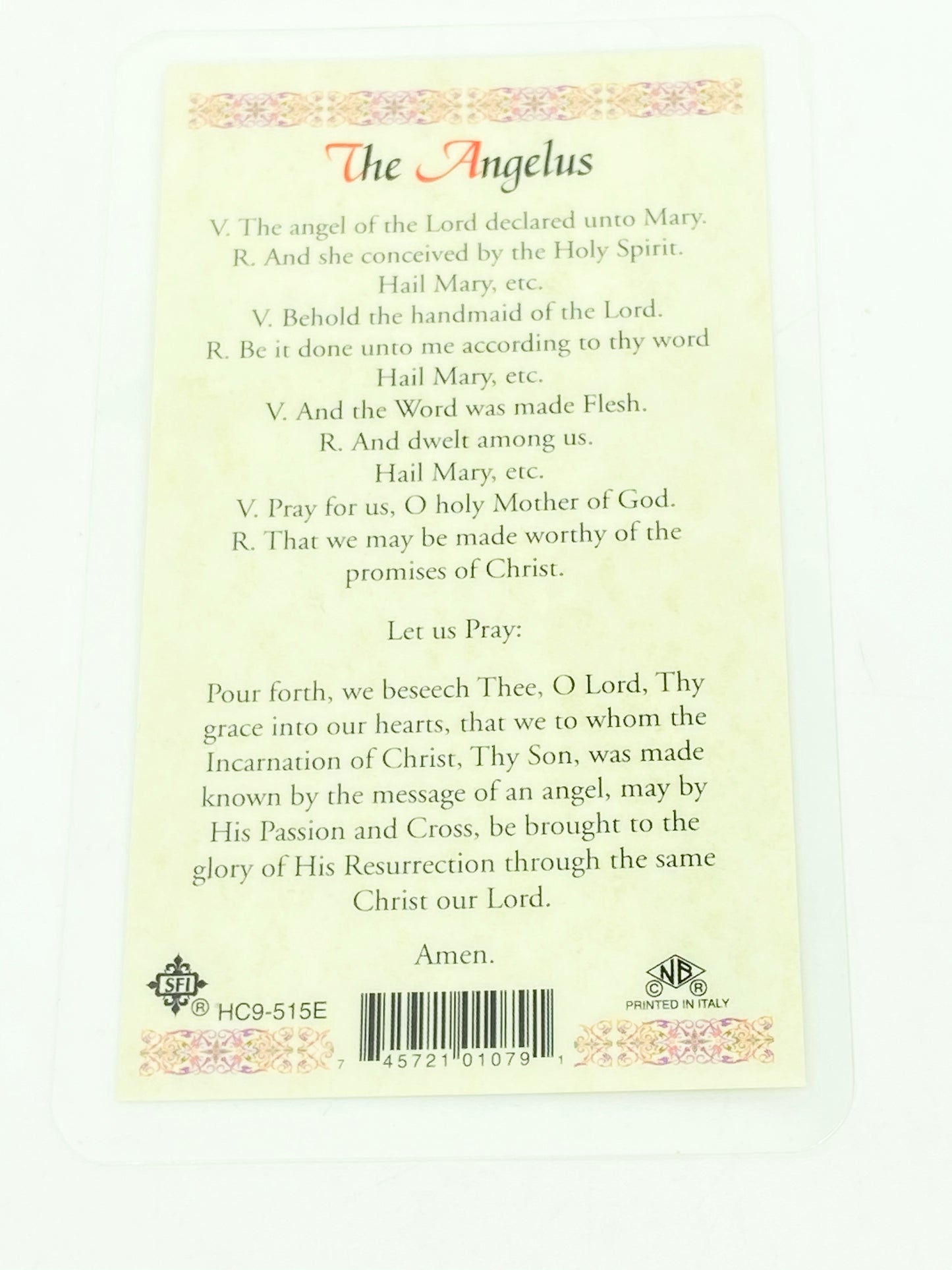 The Angelus Prayer Laminated Holy Card (Plastic Covered) - Unique Catholic Gifts