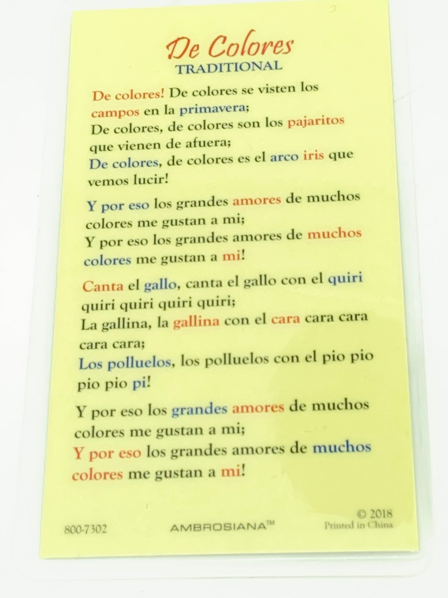 De Colores Laminated Holy Card (Plastic Covered) - Unique Catholic Gifts