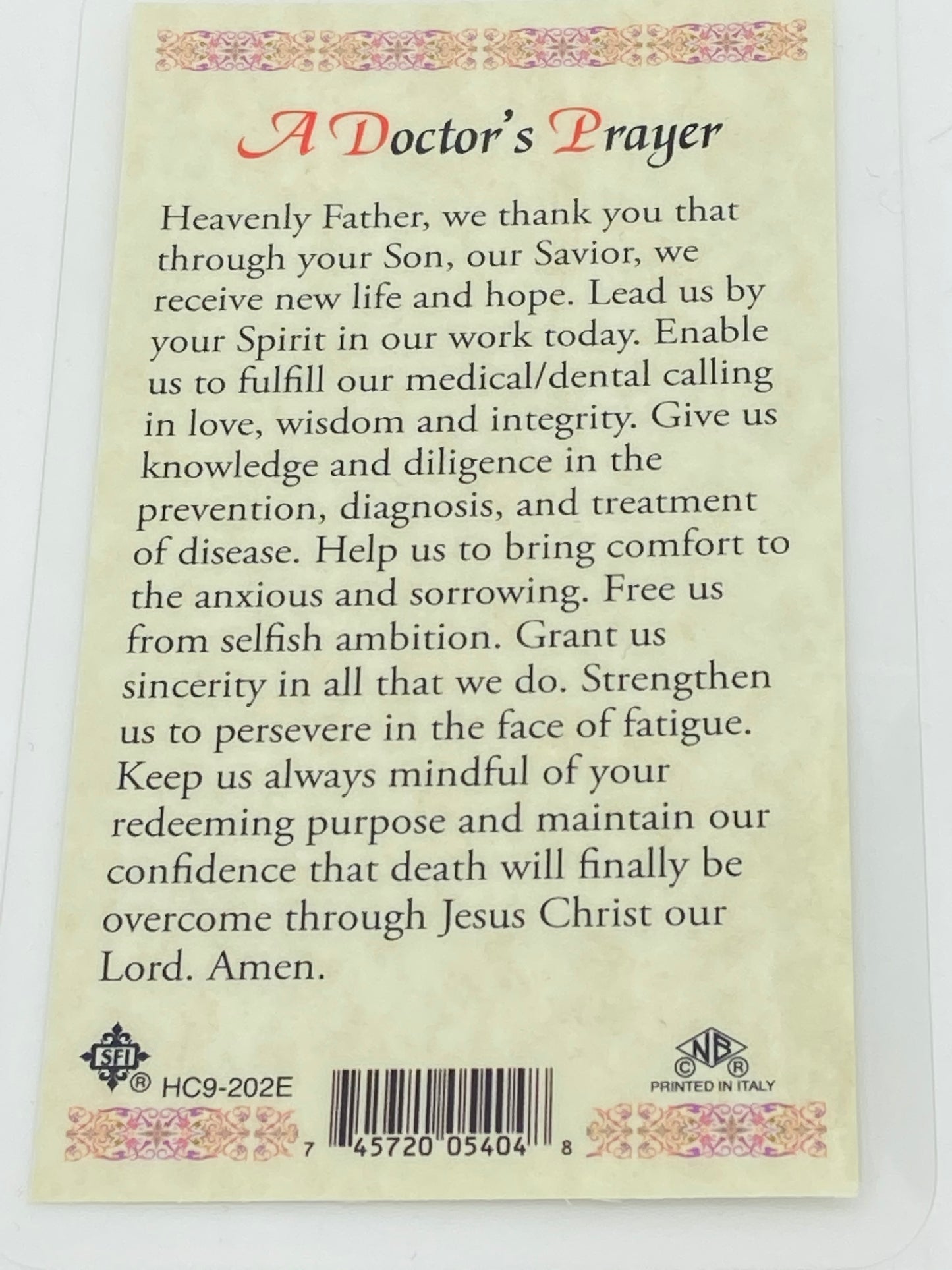 A Doctor's Prayer Laminated Holy Card (Plastic Covered) - Unique Catholic Gifts