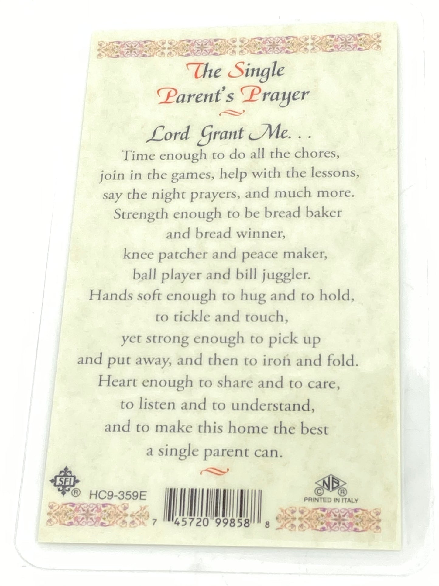 Single Parent Prayer Laminated Holy Card (Plastic Covered) - Unique Catholic Gifts