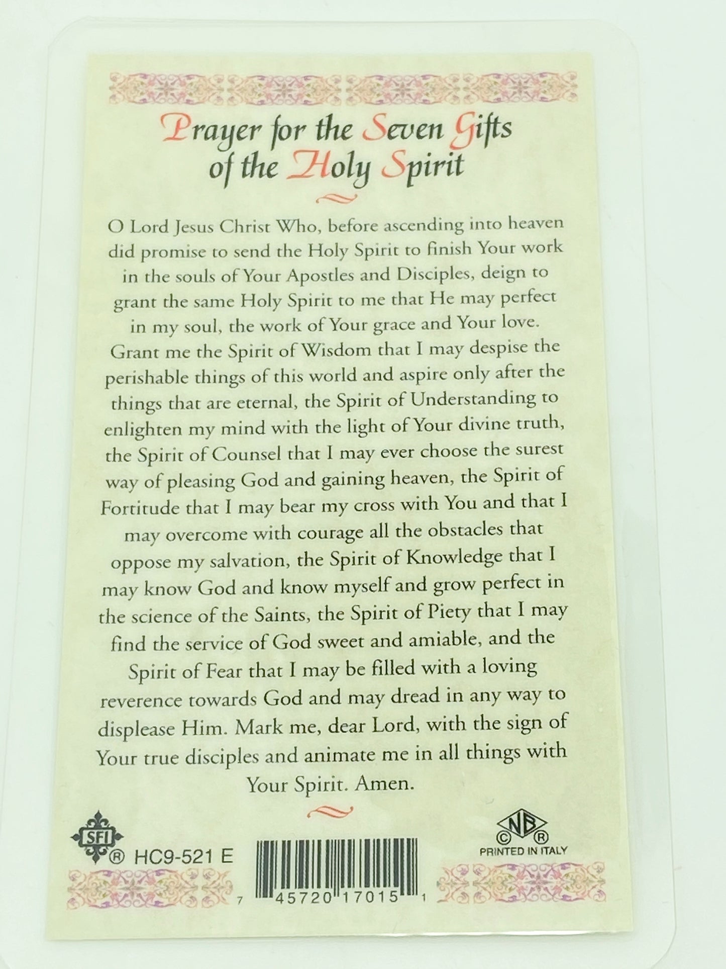 Seven Gifts of the Holy Spirit Laminated Holy Card (Plastic Covered) - Unique Catholic Gifts