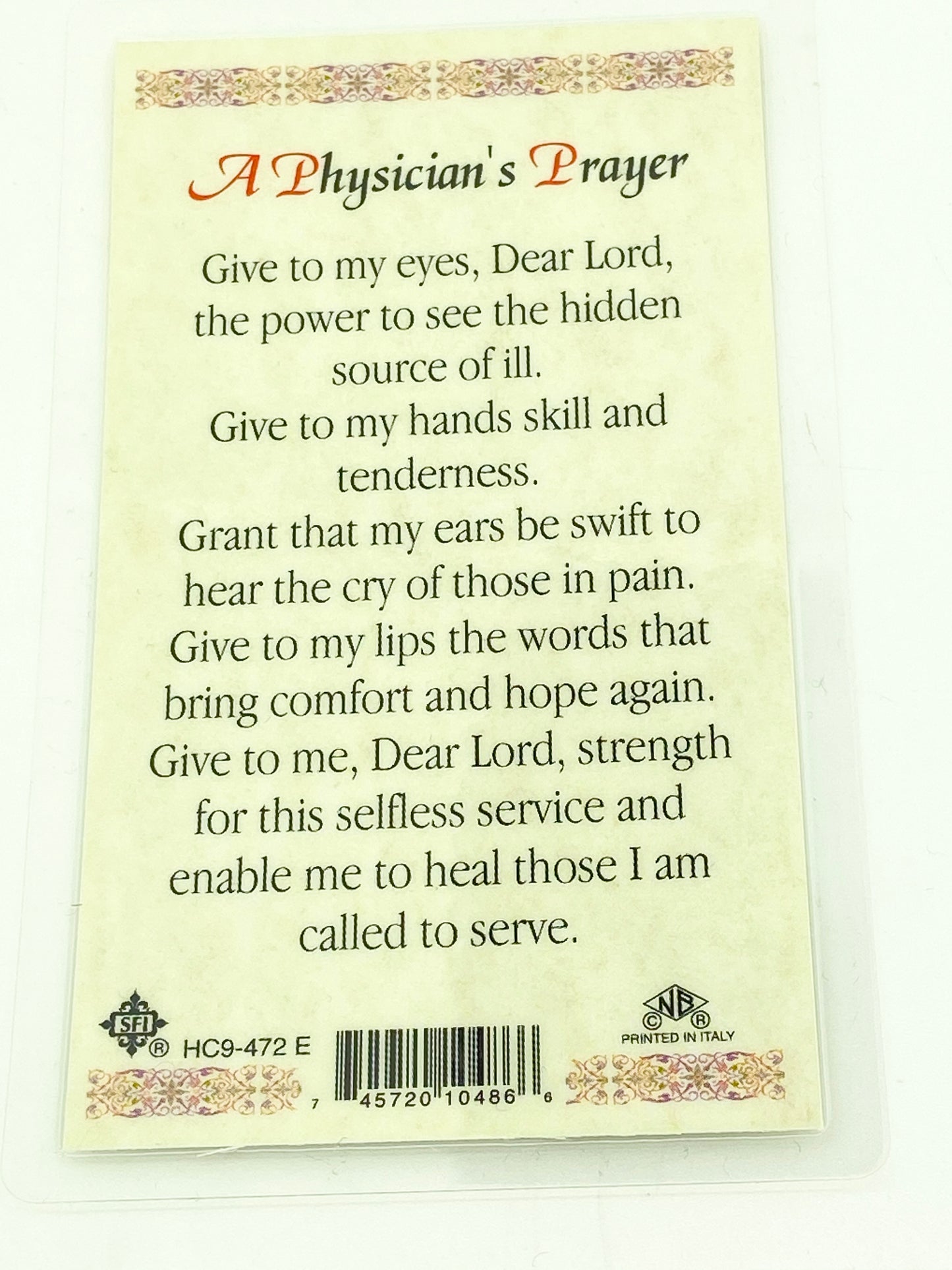 Physicians Prayer Laminated Holy Card (Plastic Covered) - Unique Catholic Gifts