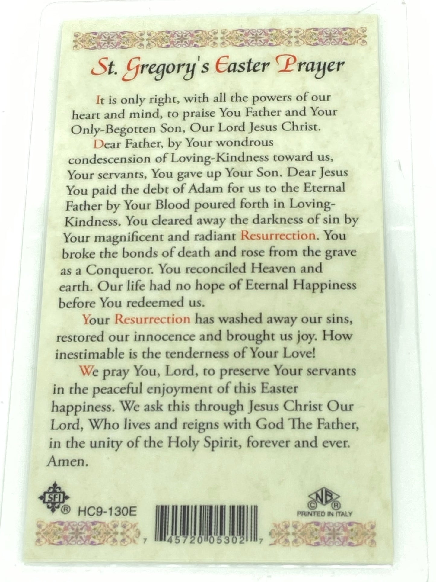 St. Gregory Easter Prayer Laminated Holy Card (Plastic Covered) - Unique Catholic Gifts