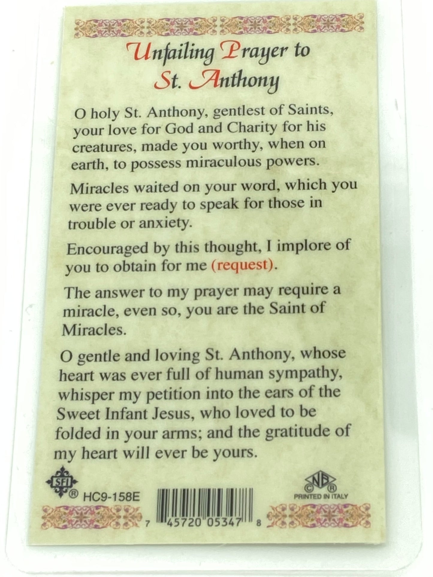 St. Anthony Unfailing Prayer Laminated Holy Card (Plastic Covered) - Unique Catholic Gifts