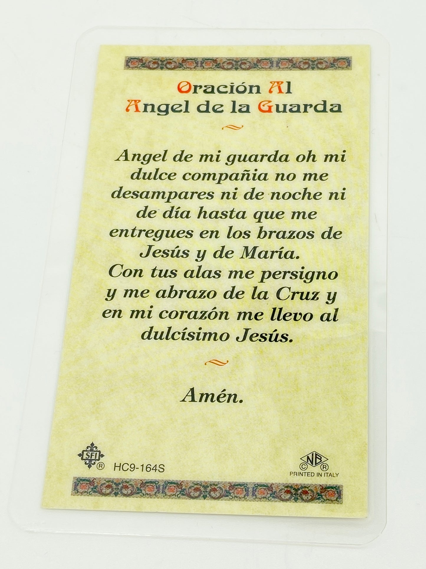Angel de la Guarda Tarjeta Sagrada laminada (Cubierta de Plástico) - Unique Catholic Gifts