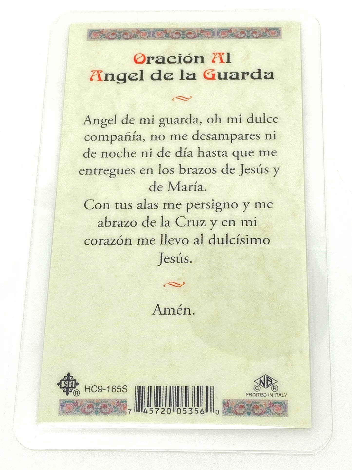 Angel de la Guarda Tarjeta Sagrada laminada (Cubierta de Plástico) - Unique Catholic Gifts