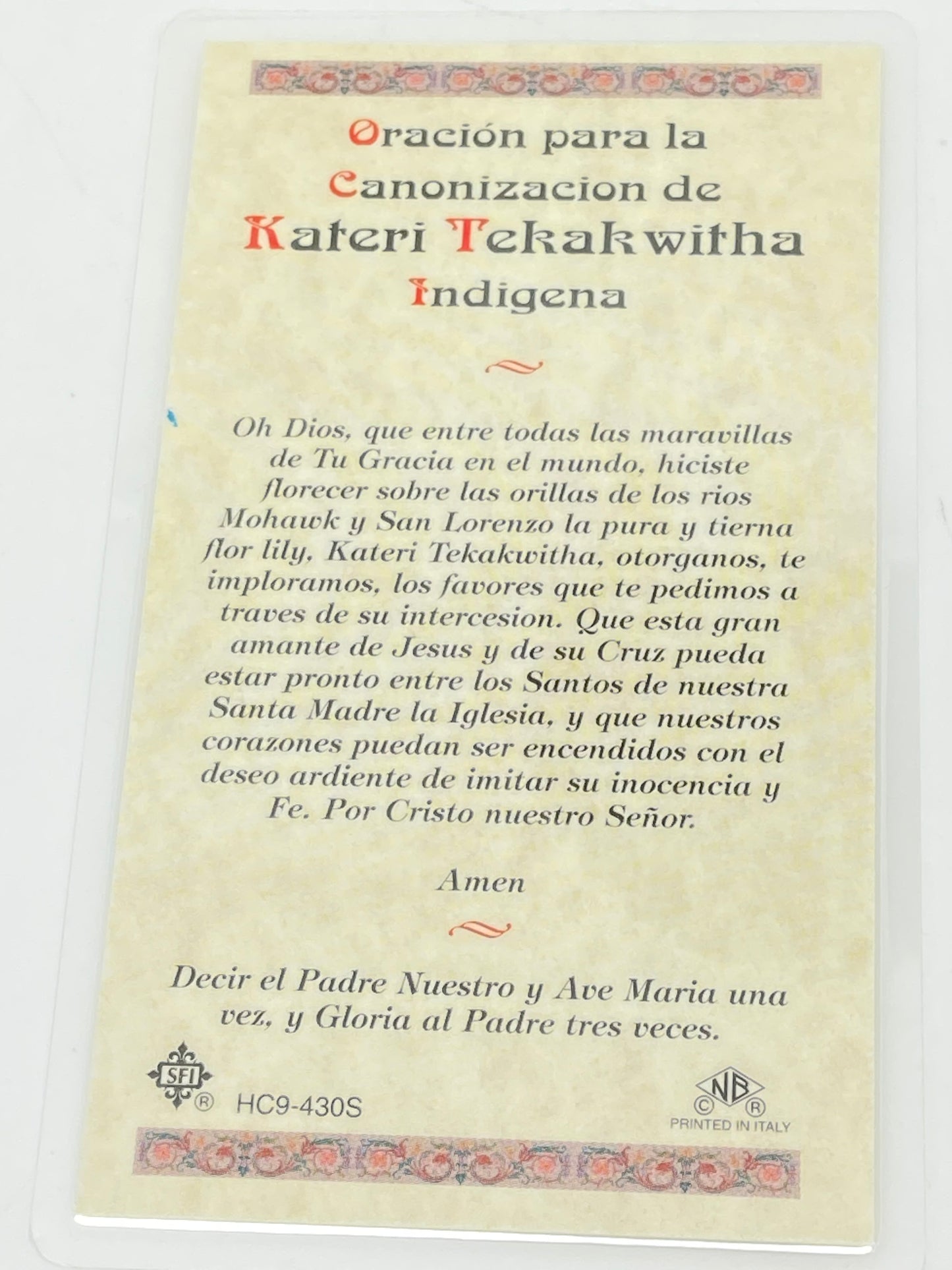 Santa Kateri Tekakwitha Tarjeta Sagrada laminada (Cubierta de Plástico) - Unique Catholic Gifts